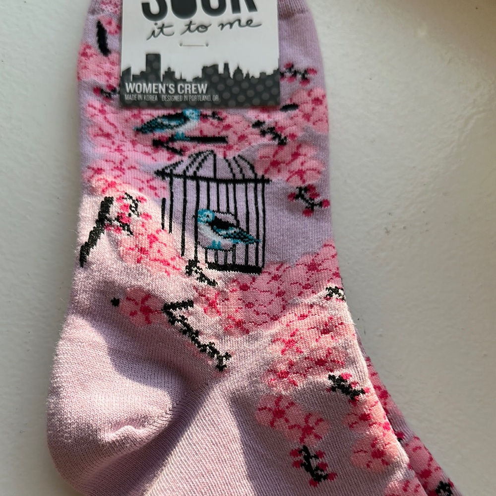 Sock it to me Pink and Purple Bird Pattern Crew Socks - Picture 4 of 7